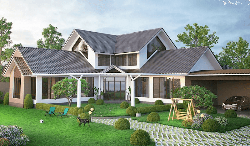 Phần sân trước được thiết kế rộng rãi với thảm cỏ xanh mát, lối đi lát đá uốn nhẹ và nhiều tiểu cảnh cây bụi được cắt tỉa gọn gàng