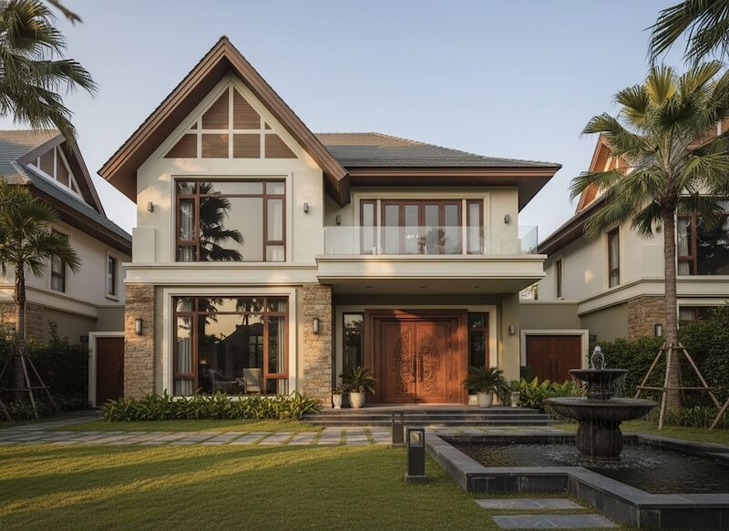 Sân vườn phía trước được bố trí thảm cỏ xanh và đài phun nước nhỏ, mang lại cảm giác thư giãn và sang trọng