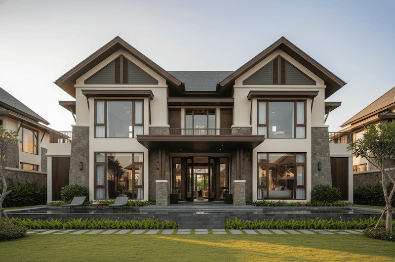 Khoảng sân rộng với thảm cỏ xanh mát và khu hồ nước nhỏ, giúp tổng thể không gian trở nên thư thái và gần gũi với thiên nhiên