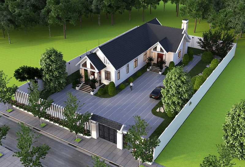 Công trình nằm trên khu đất rộng, được quy hoạch gọn gàng với lối đi lát bê tông, hàng cây xanh và tiểu cảnh được cắt tỉa ngăn nắp