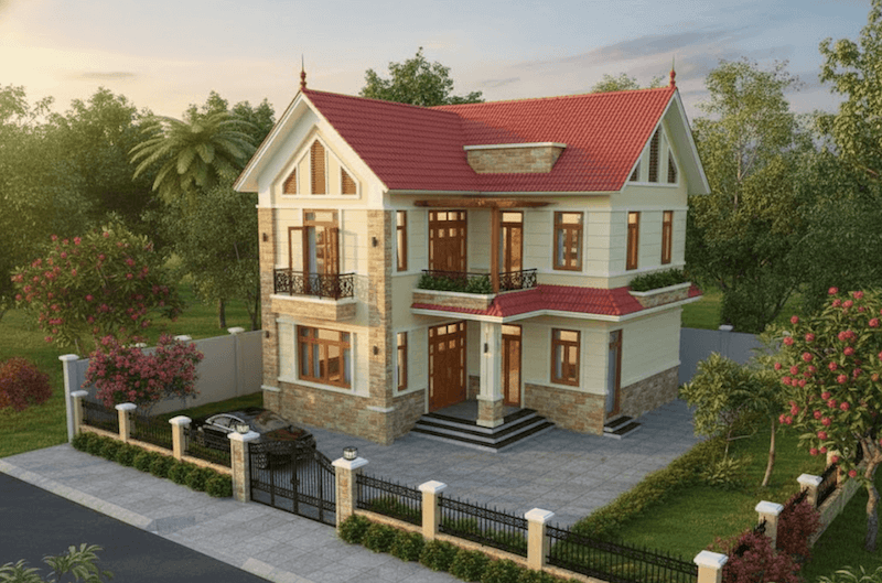 Ban công nhỏ với lan can sắt cùng khoảng sân vườn xung quanh giúp tổng thể không gian trở nên thoáng đãng