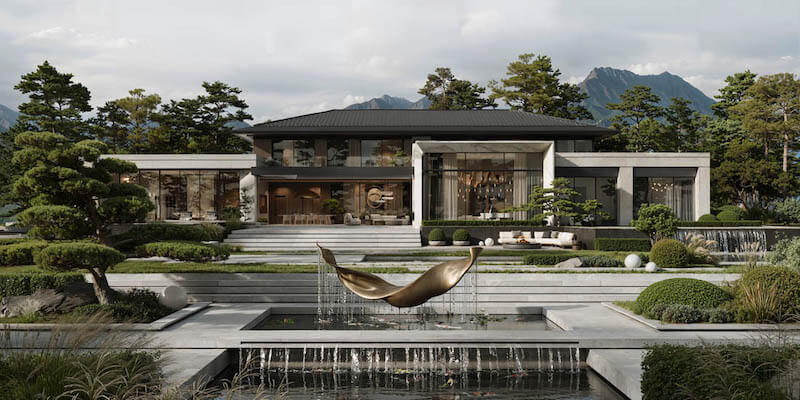 Công trình nổi bật với mái Thái thấp màu xám hiện đại, mặt tiền mở rộng bằng kính lớn và sân vườn bố trí tiểu cảnh nước đối xứng, tạo cảm giác sang trọng và thư thái