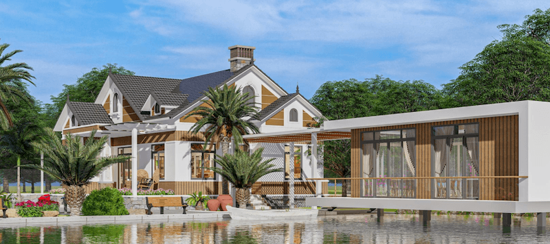 Mái Thái giật cấp màu xám, mặt tiền kết hợp lam gỗ và hiên rộng, phía trước là hồ nước tạo không gian sống thoáng đãng