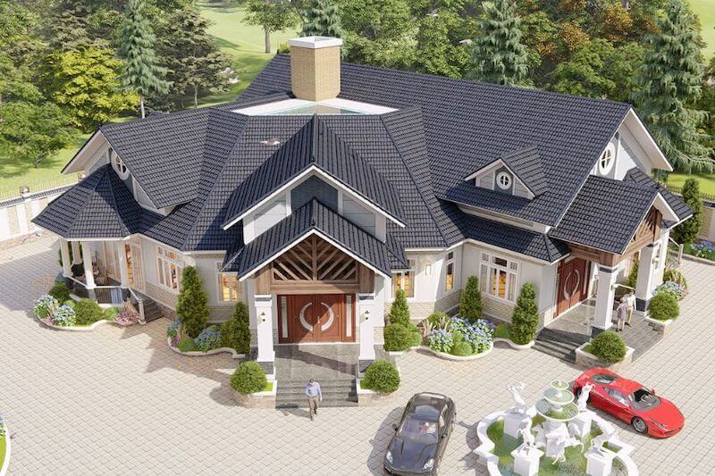 khối nhà trải rộng theo bố cục cân đối, kết hợp hiên cột và sân vườn thoáng tạo vẻ sang trọng, bề thế