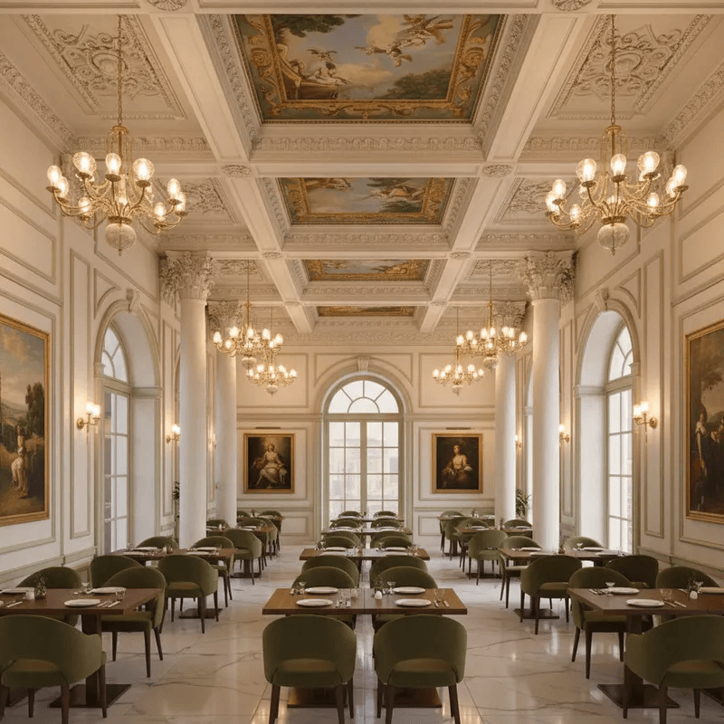 Các cột trụ lớn, cửa vòm cao cùng nội thất bọc nệm trang nhã tạo nên tổng thể quý phái, mang đậm hơi thở kiến trúc châu Âu cổ điển