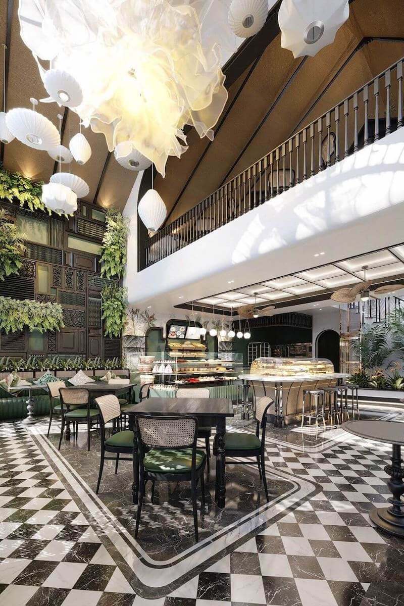 Không gian nhà hàng Indochine Luxury nổi bật với sàn gạch họa tiết cổ điển, nội thất gỗ kết hợp ghế mây và mảng tường trang trí đậm chất Đông Dương