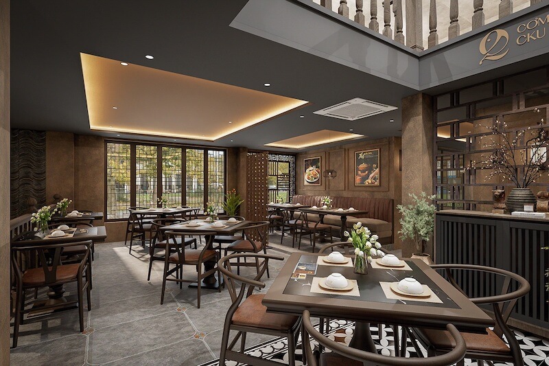 Ánh sáng ấm kết hợp cửa sổ nan gỗ cùng chi tiết trang trí Á Đông tạo nên bầu không khí sang trọng, trầm ấm và giàu bản sắc văn hóa