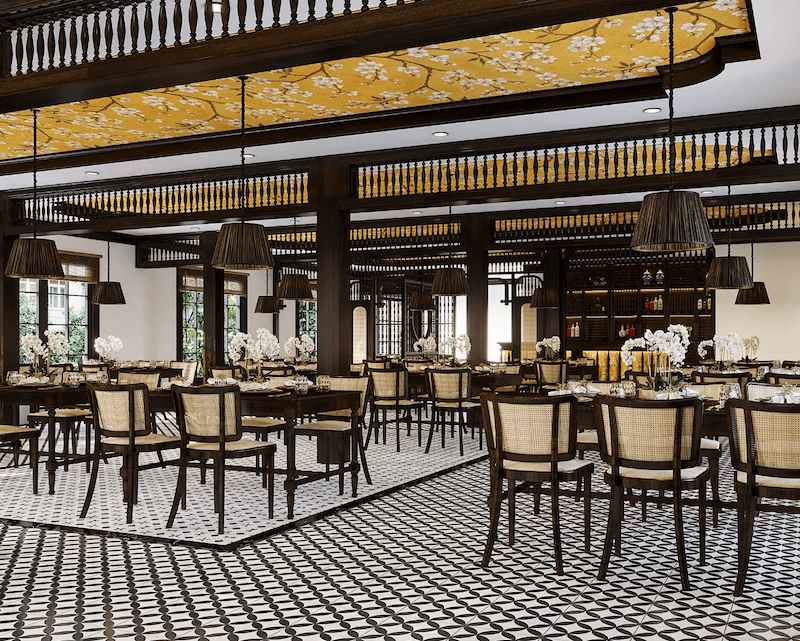 Trần trang trí hoa văn, đèn thả ánh vàng cùng hệ lam gỗ giúp tổng thể không gian trở nên ấm áp, tinh tế và đậm chất hoài niệm