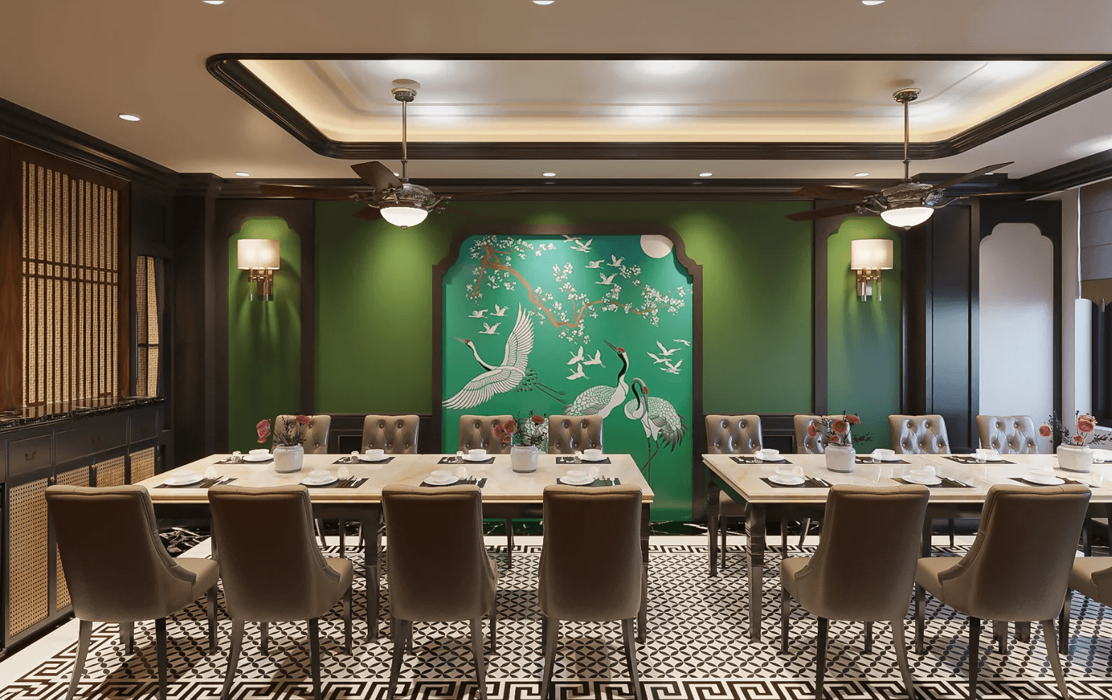 Điểm nhấn nổi bật là bức tranh trang trí chim hạc trên nền xanh, gợi cảm hứng từ nghệ thuật Á Đông truyền thống, tạo chiều sâu thẩm mỹ cho không gian