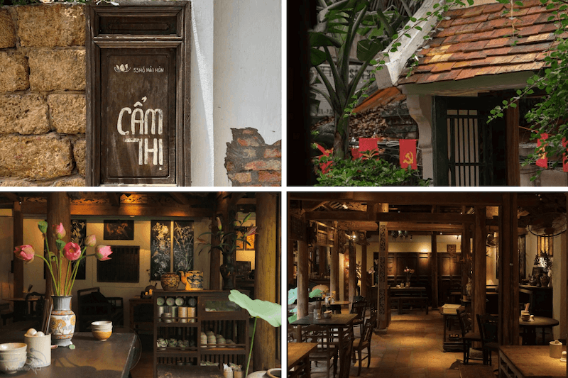 Cổng ngói nhỏ, tường gạch thô và bảng gỗ mộc tạo cảm giác như bước vào một ngôi nhà cổ trong làng Việt xưa