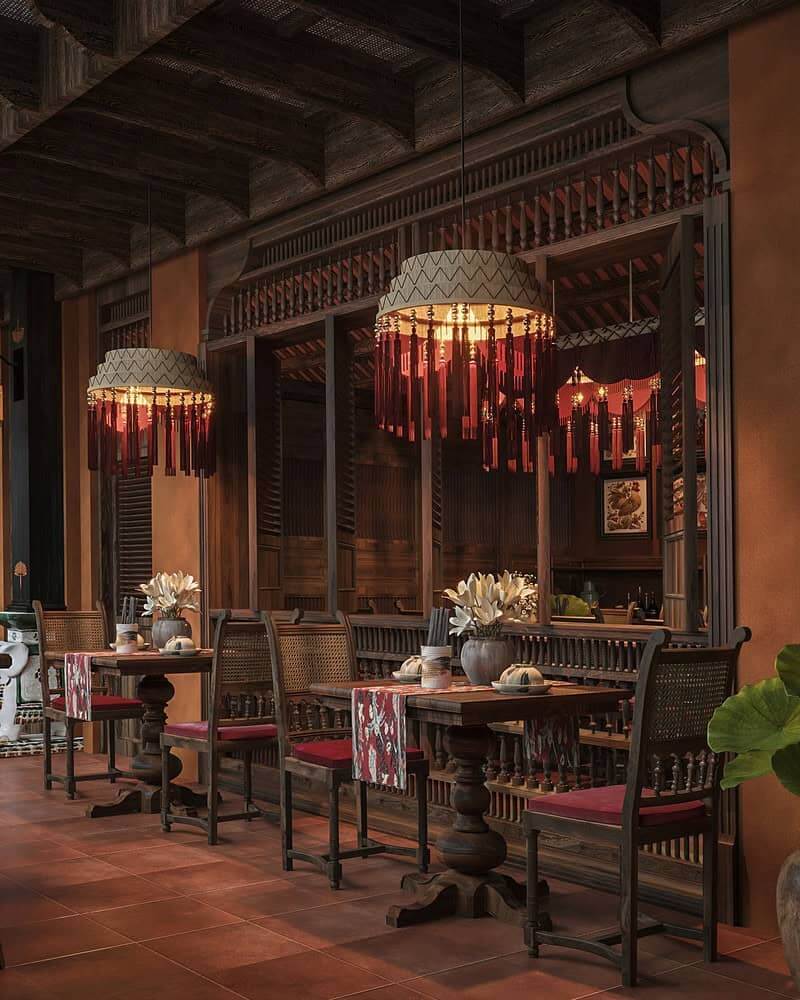 Những chiếc đèn treo trang trí với tua đỏ kết hợp cùng bàn ghế gỗ mộc mạc và sàn gạch đất nung mang lại bầu không khí ấm cúng, gần gũi
