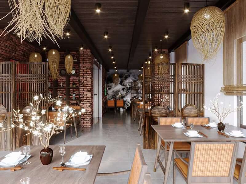 Không gian nhà hàng tái hiện phong cách làng quê Bắc Bộ theo hướng hiện đại nhưng vẫn giữ được nét mộc mạc đặc trưng