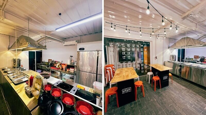 Khu bếp mở với quầy inox và hệ thống hút mùi treo trần tạo cảm giác chân thật, cho khách thấy rõ quá trình chế biến, đúng chất quán nhậu Hàn sôi động, nhanh gọn