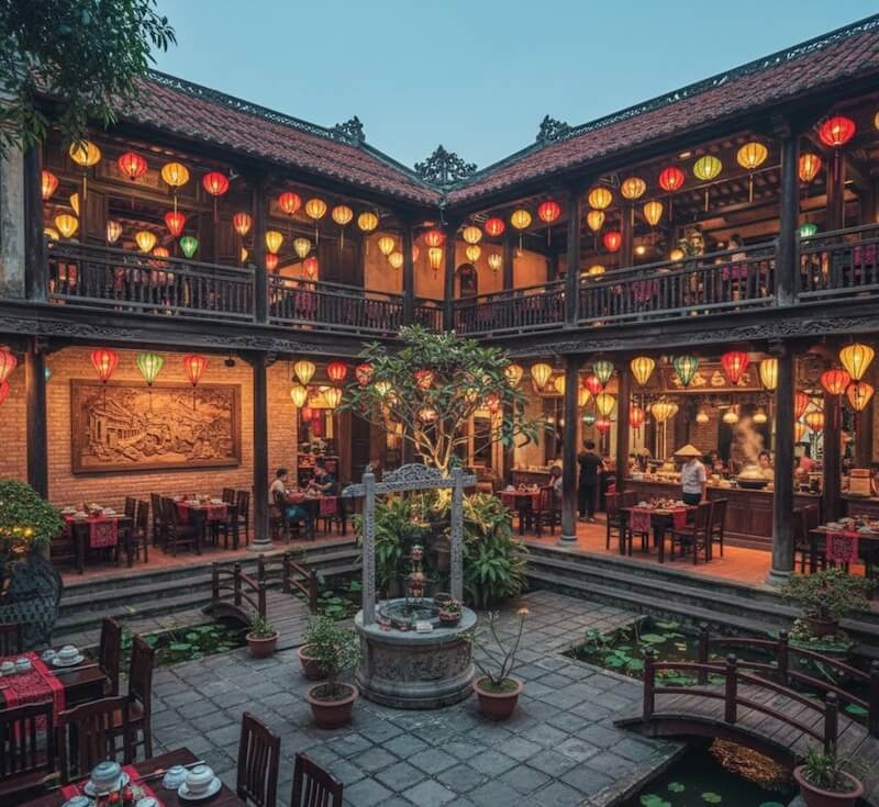 Không gian sân trong hai tầng nổi bật với hệ đèn lồng rực ấm treo dày, tạo điểm nhấn thị giác mạnh và cảm giác lễ hội Huế về đêm