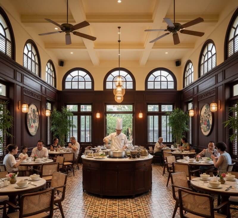 Không gian quán bún bò phong cách Indochine với trần cao, cửa vòm gỗ tối màu và sàn gạch hoa cổ điển