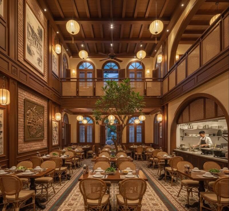 Bàn ghế mây gỗ xếp đều, khu bếp mở bên hông giúp kiểm soát mùi, tăng cảm giác sạch và trải nghiệm ẩm thực