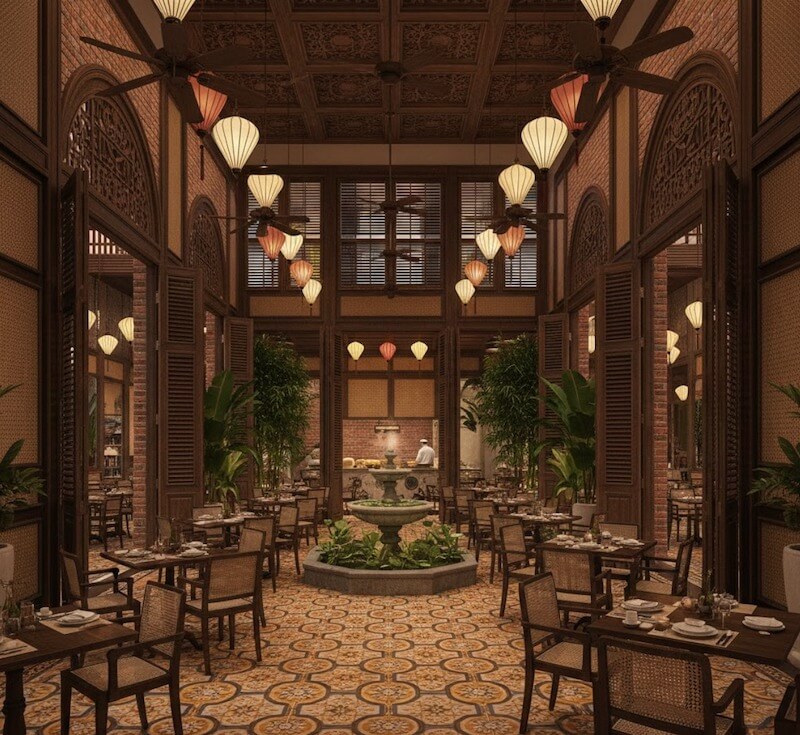 Đèn lồng treo lớp, quạt trần và gạch hoa tạo cảm giác mát, nhịp bàn ghế thoáng giúp phục vụ linh hoạt, không ám mùi