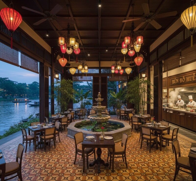 Hệ đèn lồng nhiều sắc treo lớp dưới trần gỗ, kết hợp quạt trần và cây xanh giúp không khí thoáng, ấm cúng