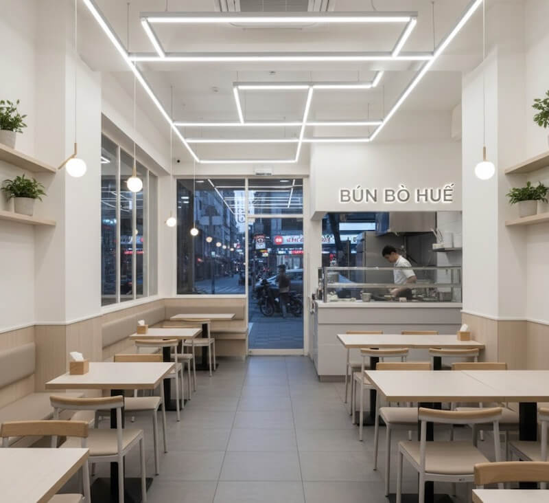 Bàn ghế vuông vắn xếp thẳng hàng tối ưu công năng, khu bếp mở phía cuối có vách kính đảm bảo vệ sinh và minh bạch quy trình, phù hợp mô hình bún bò Huế đô thị