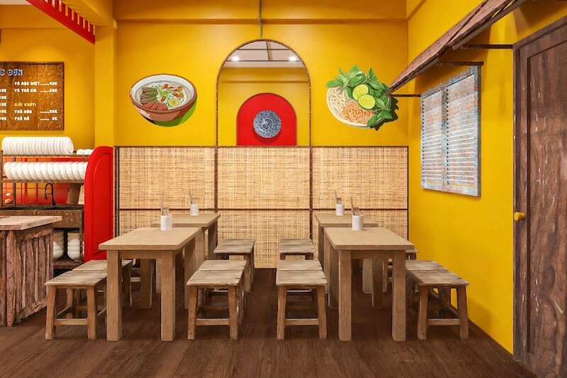 Ánh sáng quán bún bò Huế nên kết hợp ánh sáng tự nhiên và đèn ánh vàng dịu, tạo không gian ấm cúng, dễ chịu, giữ chân khách