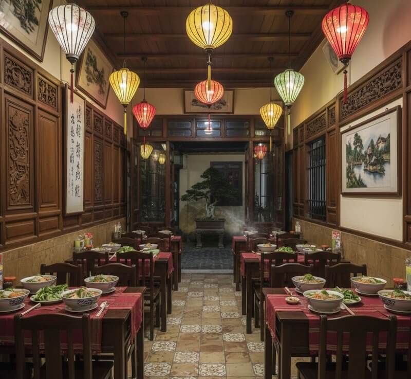 Không gian quán mang đậm phong cách truyền thống Cố đô với hệ bàn ghế gỗ sẫm màu bố trí thẳng trục, tạo cảm giác ngăn nắp và ấm cúng