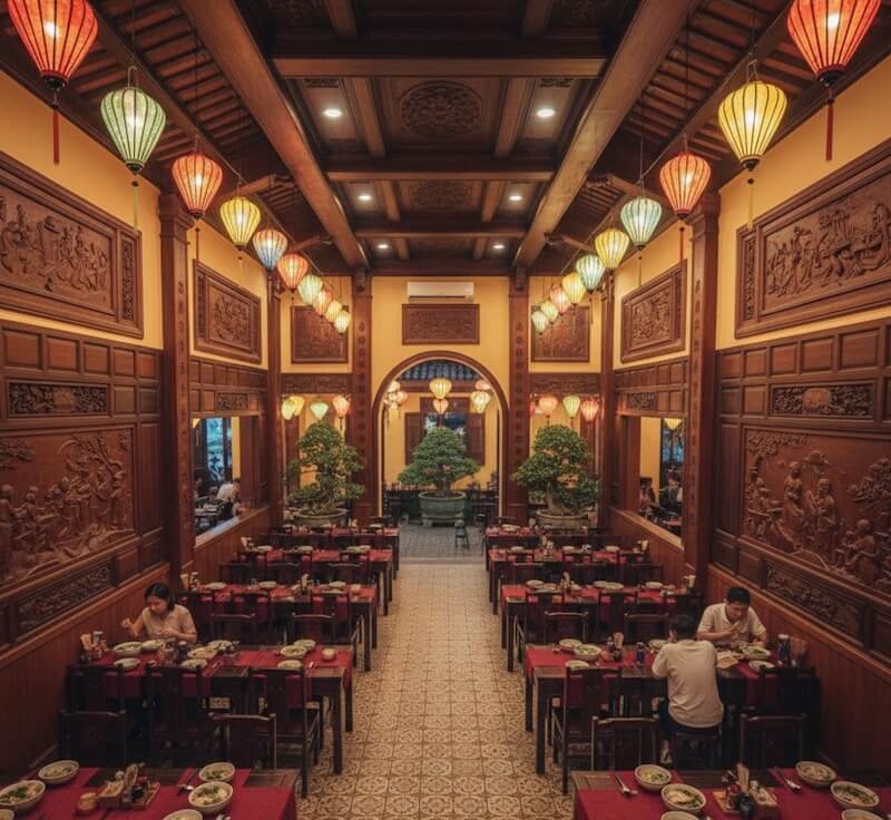 Không gian quán gây ấn tượng với trục bố cục đối xứng, tường gỗ chạm khắc và mái trần gỗ cao tạo cảm giác trang nghiêm, đậm chất Huế xưa