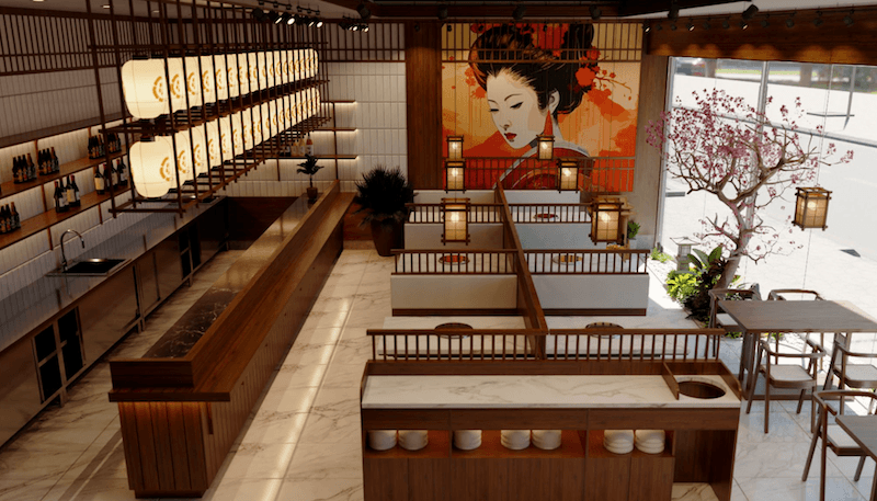 Quán lẩu Nhật Bản tầm trung chú trọng chất liệu gỗ, ánh sáng ấm, không gian riêng tư vừa phải và nguyên liệu ổn định