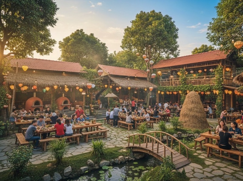 Khu ăn uống sân vườn mang nét làng quê với mái tranh, đèn lồng treo ấm áp, bàn gỗ dài bố trí quanh hồ nước tạo cảm giác thư giãn, gần gũi