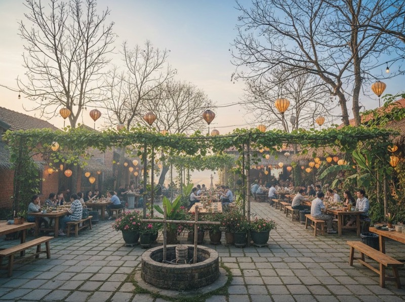 Khu ăn uống ngoài trời được tổ chức theo trục đối xứng, giàn cây leo phủ xanh kết hợp đèn lồng treo cao, tạo cảm giác ấm cúng và nhịp điệu thị giác rõ ràng