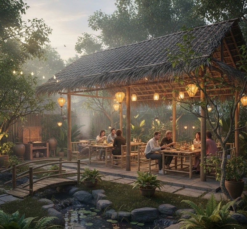 Mái lá truyền thống kết hợp đèn lồng vàng ấm, bàn ghế tre mộc đặt cạnh hồ nước nhỏ tạo cảm giác thư thái, gần gũi thiên nhiên, thích hợp tụ họp bạn bè