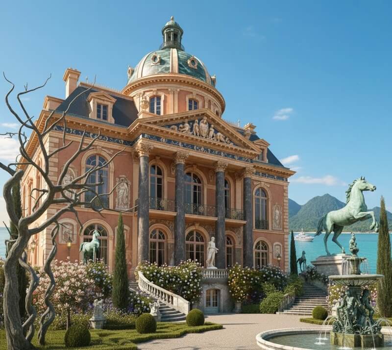 Công trình mang tinh thần lâu đài cổ điển rõ nét với bố cục đối xứng, mái vòm trung tâm nổi bật, cột đá đồ sộ, phù điêu tinh xảo và cảnh quan hoàng gia 