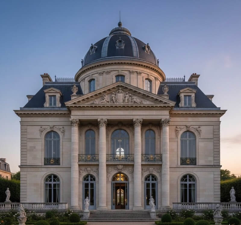 Công trình nổi bật nhờ mái vòm lớn vươn cao, mặt đứng chạm khắc cầu kỳ, thể hiện quyền uy và giá trị trường tồn