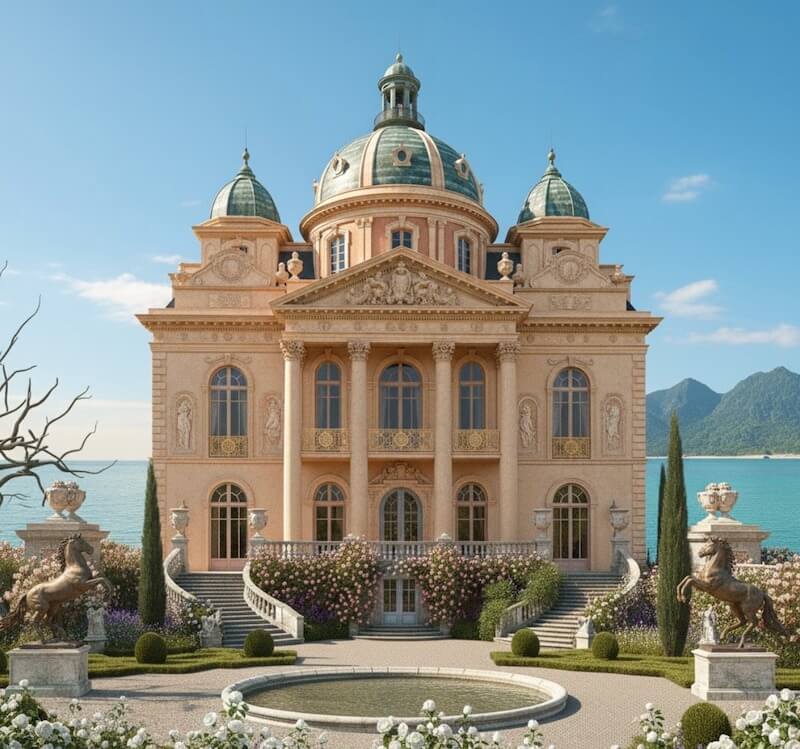 Mặt đứng uy nghi với cột Corinth, mái vòm trung tâm nổi bật, phù điêu tinh xảo, ban công sắt mỹ thuật và ánh sáng nhấn tôn vẻ quyền quý 