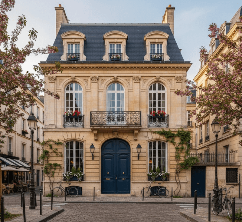 Mặt tiền cân xứng, cửa vòm cao, ban công sắt mỹ thuật tinh xảo, mái dốc Mansard cùng bảng màu đá sáng tạo cảm giác tinh tế, sang trọng 