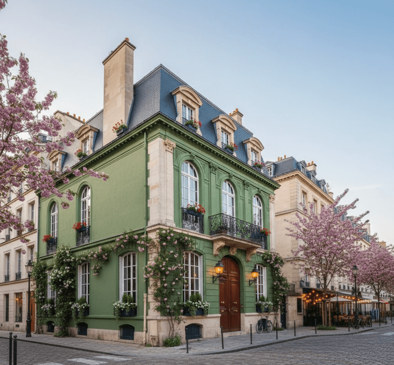 Khối nhà góc phố duyên dáng, tường sơn xanh olive, cửa sổ vòm cao, ban công sắt uốn mềm mại, dây leo tạo chất thơ Paris cổ 