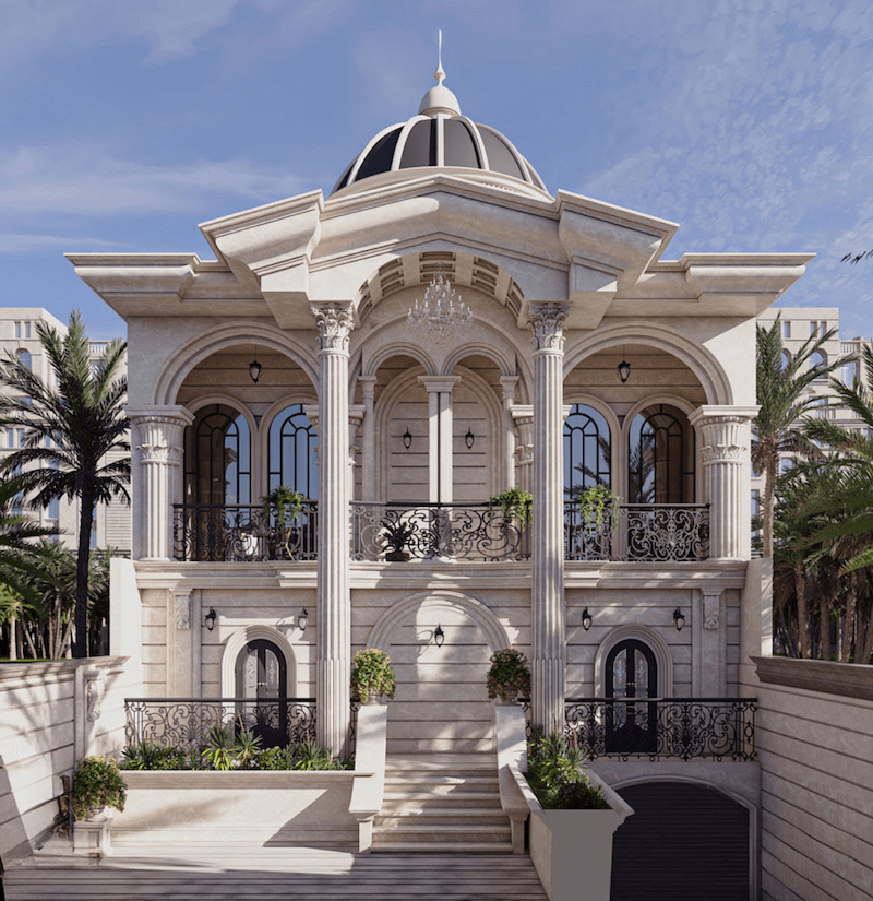 Mặt tiền mang tinh thần cổ điển châu Âu với bố cục đối xứng, cột Corinth khỏe khoắn, mái vòm trung tâm và ban công sắt mỹ thuật tạo cảm giác bề thế, sang trọng