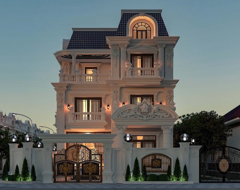Biệt thự cổ điển Pháp nổi bật với mái Mansard, bố cục đối xứng và phù điêu tinh xảo, toát lên vẻ sang trọng chuẩn châu Âu