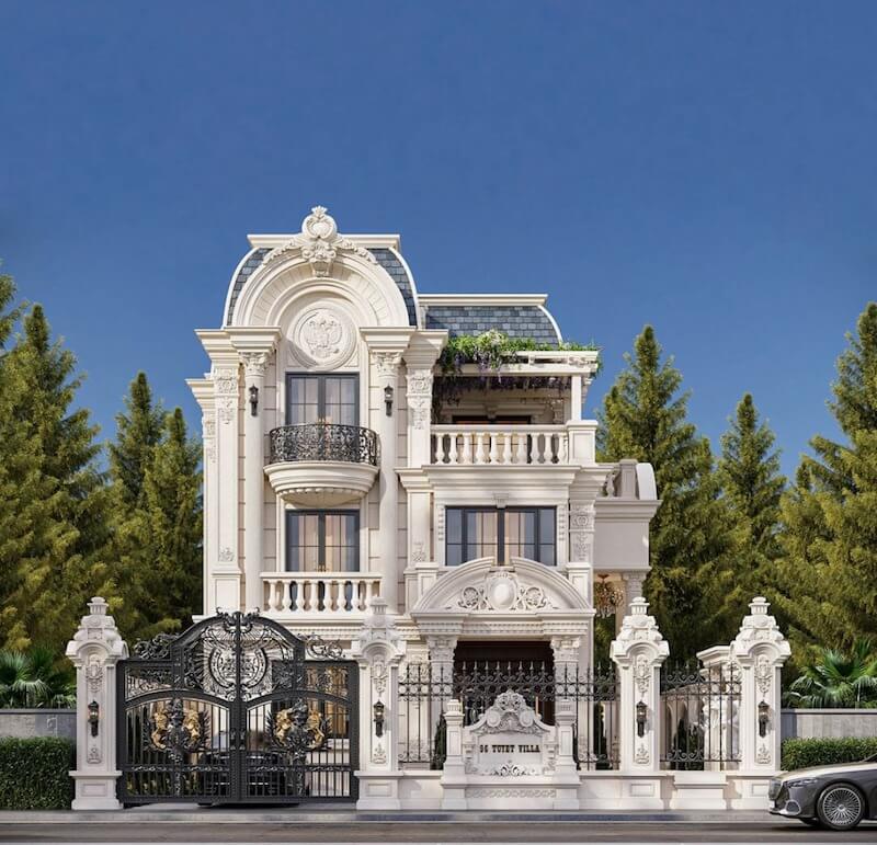 Kiến trúc đối xứng chuẩn mực, mái Mansard sang trọng, cột Corinth chạm khắc tinh xảo, ban công sắt mỹ thuật và bảng màu đá sáng thanh lịch tạo nên sự sang trọng, quyền quý 