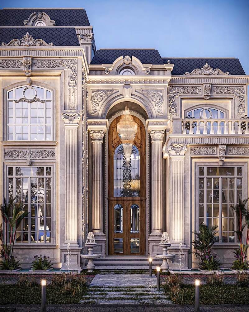 Nghệ thuật chiếu sáng trong biệt thự cổ điển tập trung ánh sáng vàng ấm, CRI cao, đèn chùm trung tâm và bố trí tôn vinh vật liệu, chi tiết thủ công 