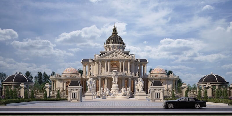 Công trình gây ấn tượng với bố cục đối xứng tuyệt đối, khối trung tâm bề thế, hệ mái vòm lớn, tượng điêu khắc dày đặc và mặt tiền mang tinh thần hoàng gia châu Âu 