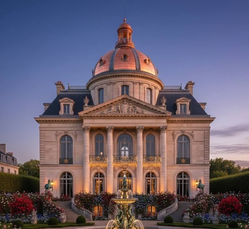 Mái vòm trung tâm phủ đồng nổi bật, hàng cột cổ điển bề thế, phù điêu tinh xảo, kết hợp cảnh quan tạo vẻ sang trọng, uy nghi