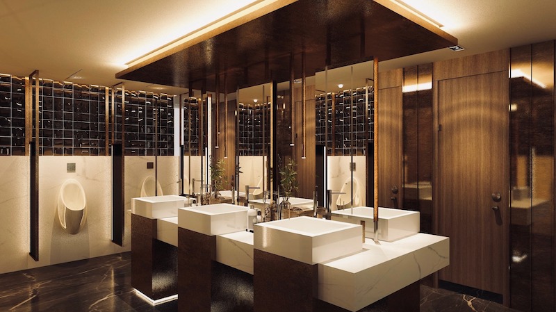 Thiết kế khu vệ sinh nam hiện đại với 3 bồn rửa mặt đặt bàn hình vuông và ít nhất 2 bồn tiểu nam gắn tường đáp ứng tối thiểu nhu cầu và số lượng của khách hàng