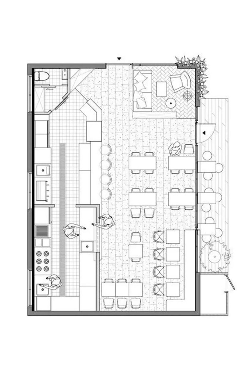 Mặt bằng thiết kế nhà hàng với khu vực bếp ở phía bên trái và khu vực ăn uống được bố trí khoảng 60% không gian, cho thực khách và nhân viên thuận tiện khi làm việc