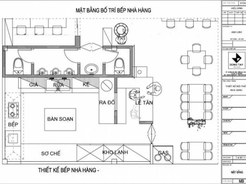 Thiết kế bếp nhà hàng với khu vực bếp chiếm 30% diện tích, bao gồm các khu vực như khu rửa, sơ chế, gas và kho lạnh, đảm bảo quy trình vệ sinh