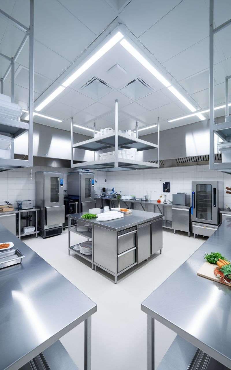 Mẫu bếp công nghiệp nhà hàng hiện đại, diện tích khu bếp chiếm 1/3 tổng không gian giúp tối ưu hóa quy trình vận hành và phục vụ