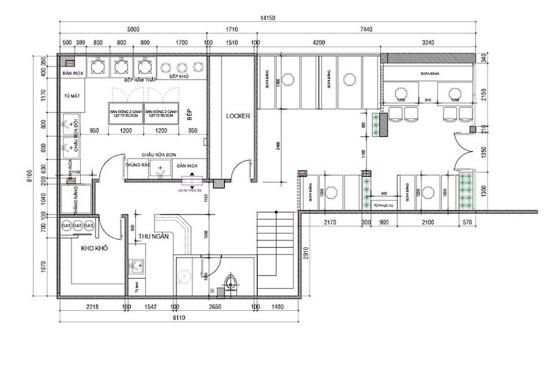 Sơ đồ kỹ thuật bố trí nội thất nhà hàng với khu vực hậu cần (kho, locker, wc) chiếm tỉ lệ 20% nhằm tối ưu hóa không gian kinh doanh