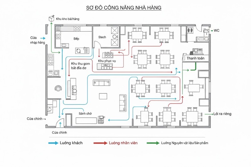 Sơ đồ mặt bằng công năng nhà hàng mô tả 3 luồng di chuyển chính: Luồng khách (xanh dương); Luồng nhân viên (đỏ) và Luồng nguyên liệu/sản phẩm (xanh lá)