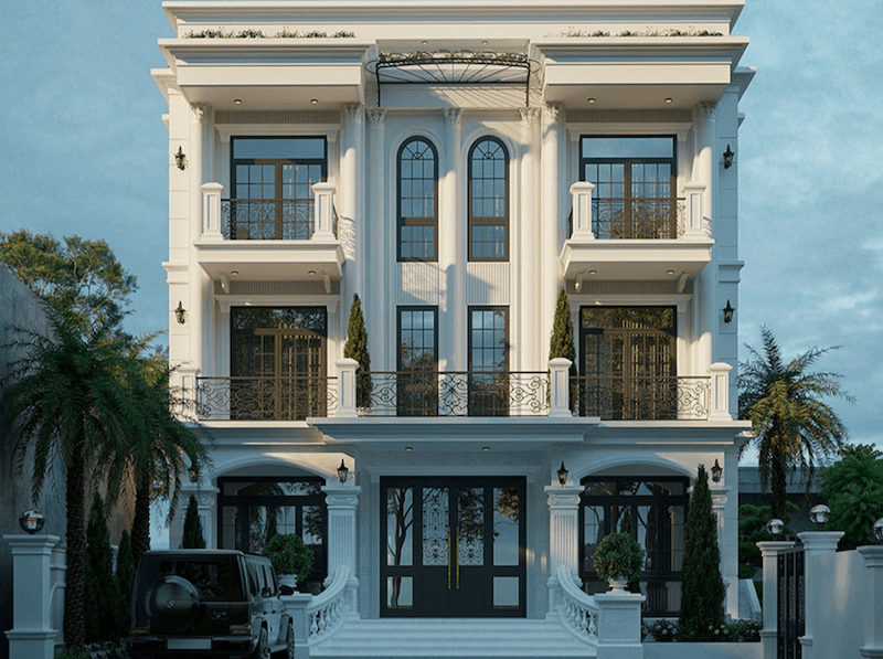 Villa tân cổ điển tuân thủ tỷ lệ kiến trúc kinh điển, bố cục đối xứng chuẩn mực và vật liệu bền vững, tạo giá trị thẩm mỹ ổn định qua nhiều thế hệ