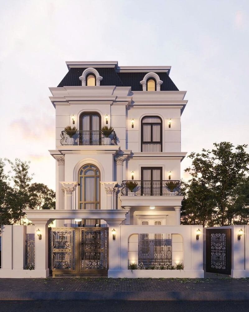 Công trình nổi bật với bố cục đối xứng, hệ cột Corinth tinh xảo và cửa vòm cao sang trọng kết hợp với mái Mansard đen tương phản cùng gam trắng kem tạo tổng thể bề thế