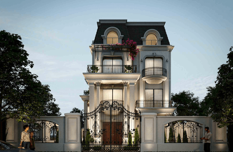 Lan can sắt mỹ thuật uốn lượn cùng hệ đèn tường ánh sáng vàng giúp tổng thể thêm sang trọng và ấm áp về đêm